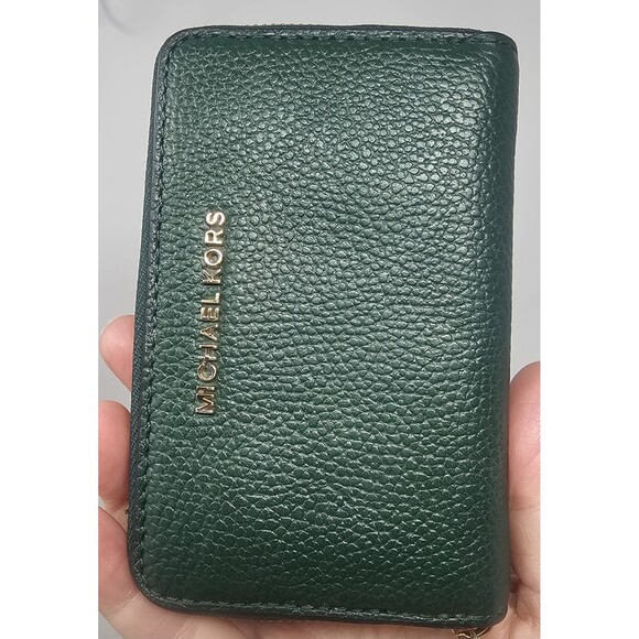 Michael Kors Jet Set Pebbled Leather Zip Card Case Wallet Moss Green NWOT - Picture 4 of 11